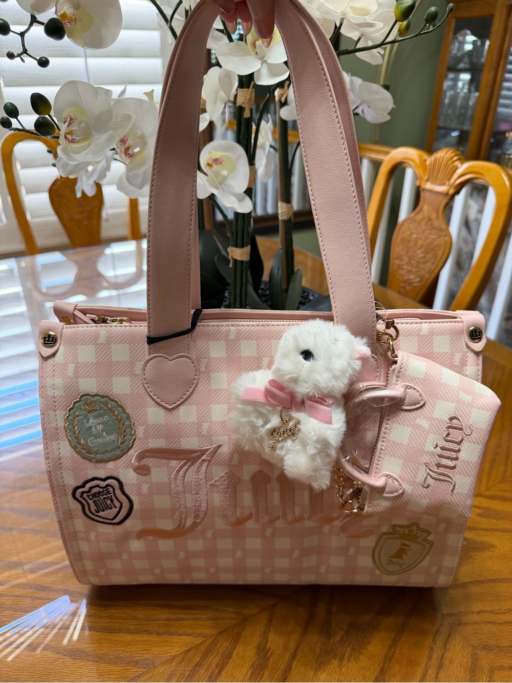 NWT Juicy Couture Pink Gingham Study in Style Tote with Plush Scottie Charm